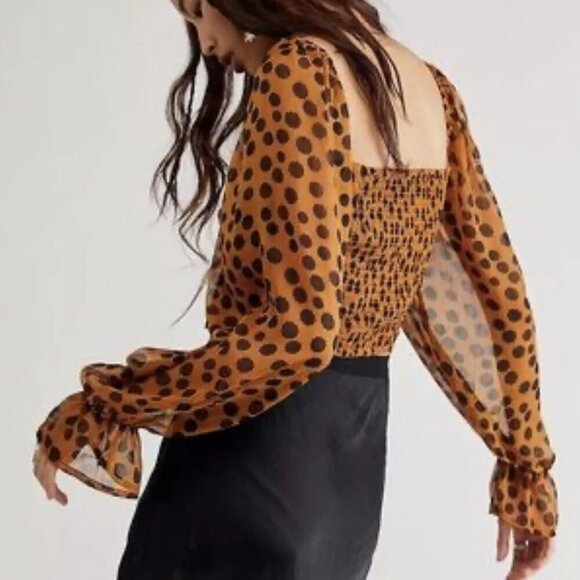 Free People Parker Brown Spotted Cropped Sheer Sleeve Crop Top XS - Picture 2 of 7